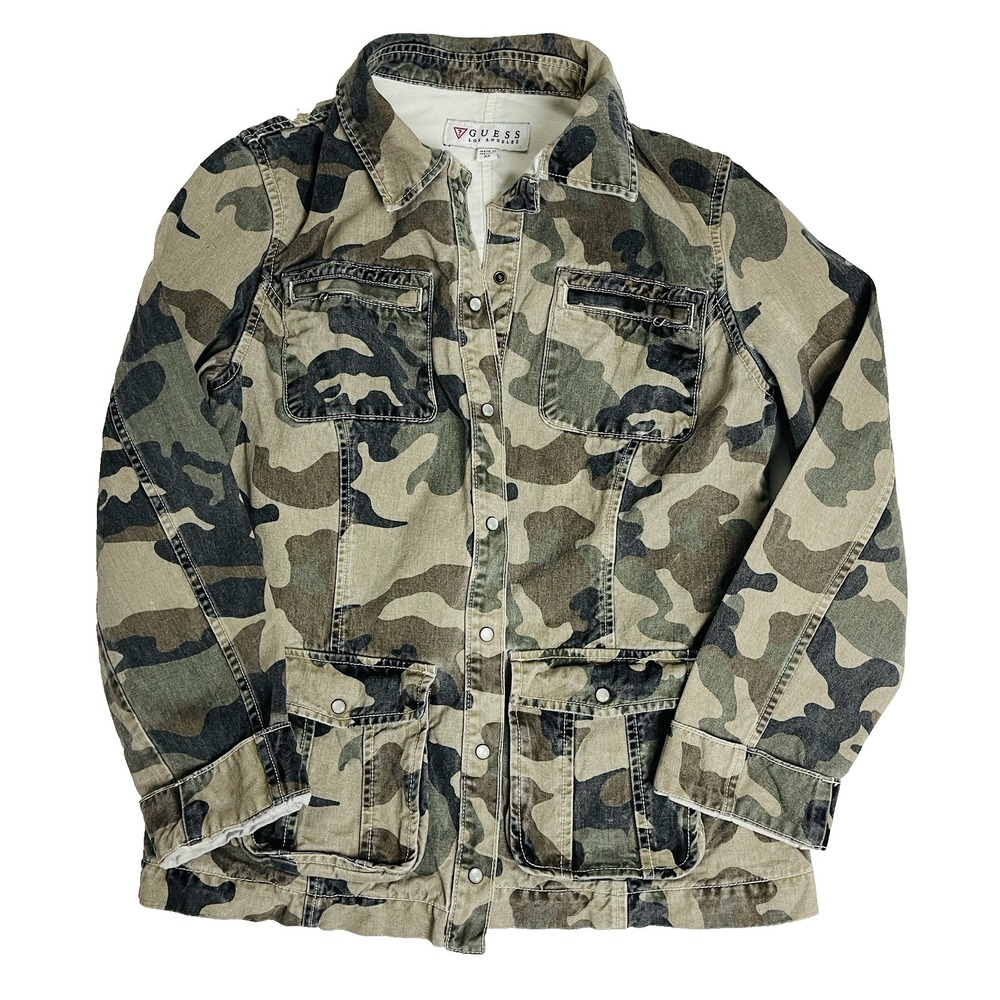 GUESS Los Angeles Camo Utility Denim Jacket Womens XS Military Cargo Overshirt